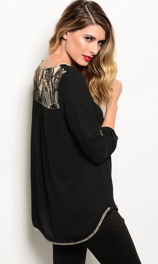 Printed Trim Black Shirt