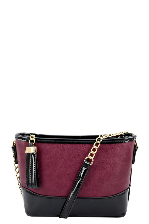 burgundy and black messenger bag