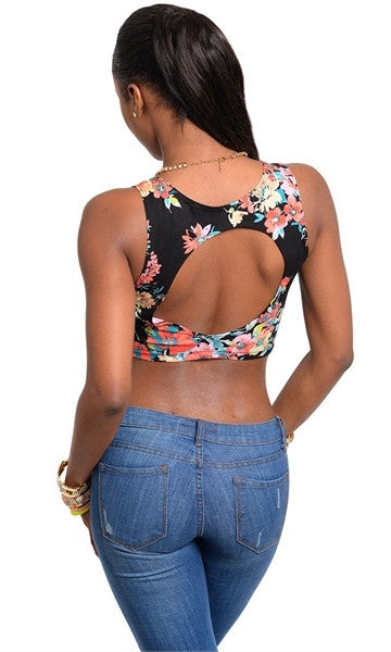 Floral Design Black Crop Top - FINAL SALE
