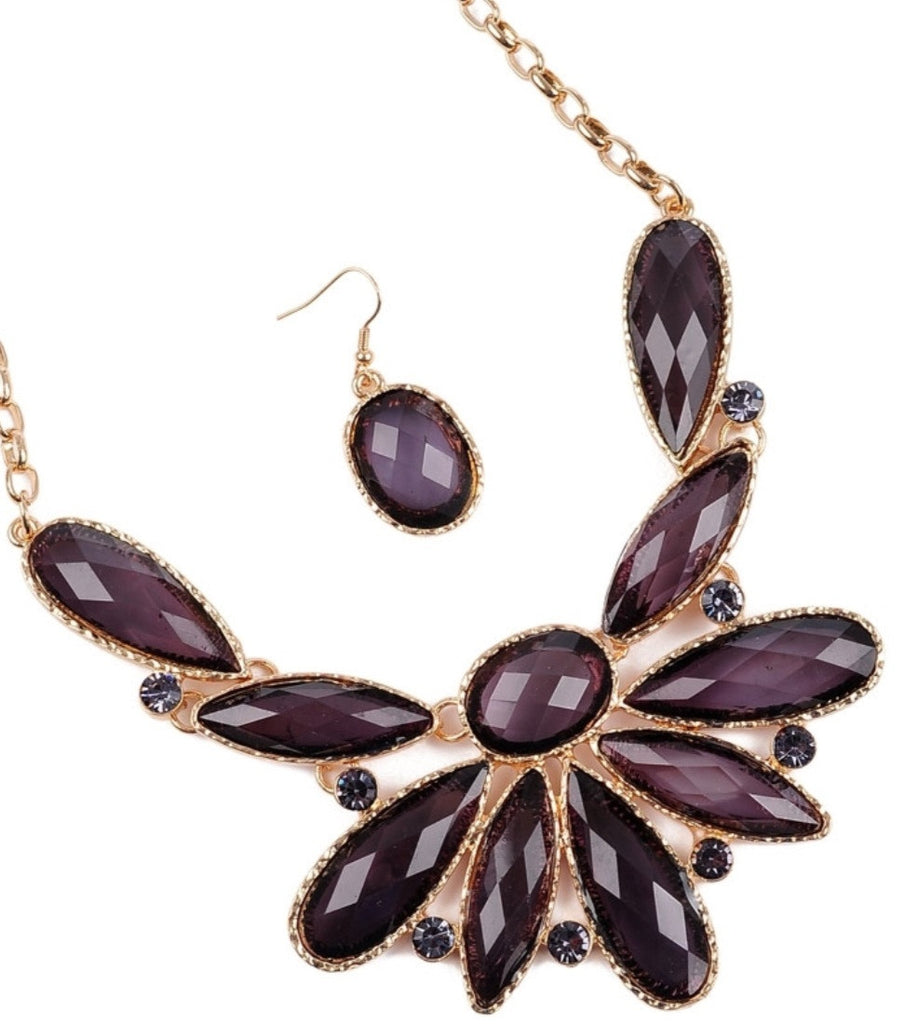dark faceted stone necklace and fish hook earrings