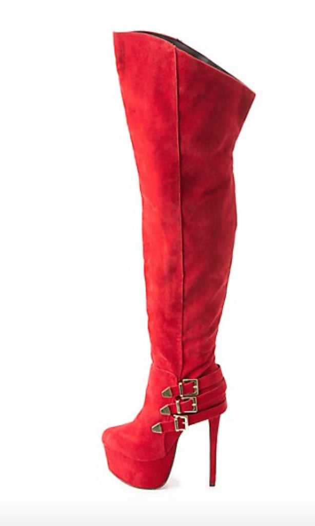 Red stiletto boots with side buckle