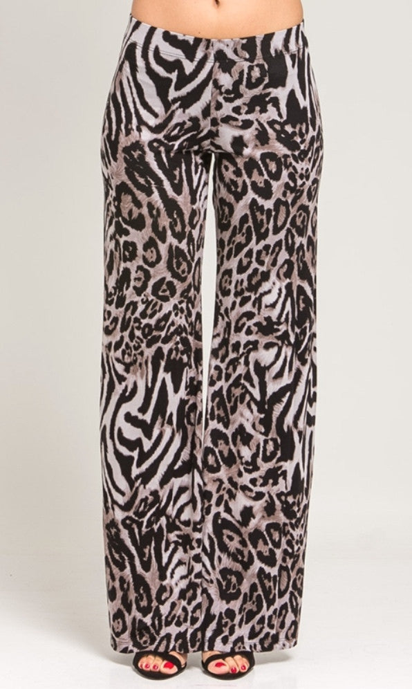 Black animal print wide leg trousers