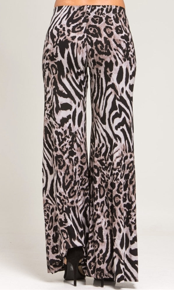 Black animal print palazzo pants