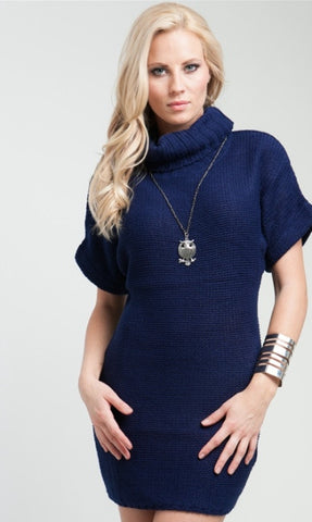 blue short sleeve turtleneck sweater dress