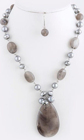 Gray Stone and Pearl Necklace and Earrings - Factory Seconds*