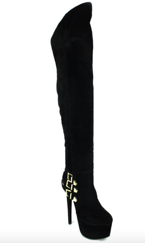 black, buckled high heel stiletto boots