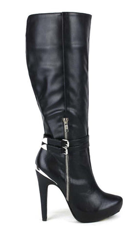 Black stiletto boots with silver accent buckle
