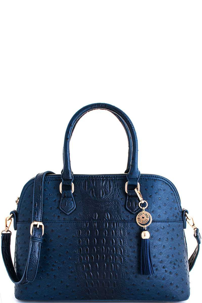 ocean blue croc textured satchel with matching wallet