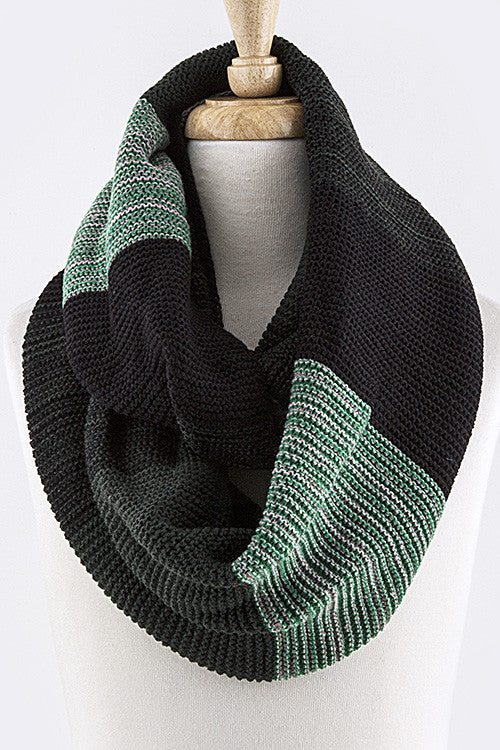 Green and Black Colorblock Knit Infinity Scarf